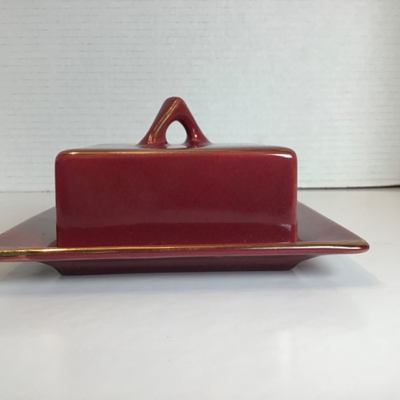Vintage H. J. WOOD LTD Burslem England Ceramic Maroon Burgundy Butter Dish - Picture 2 of 6
